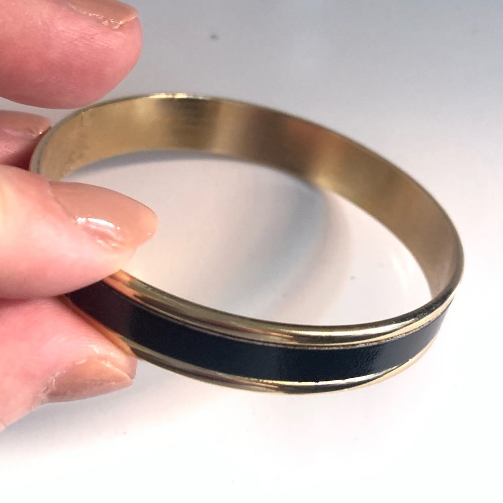 VTG gold bangle bracelet with black leather inlay